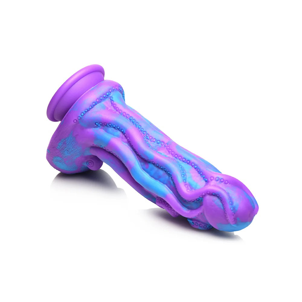 XR brands octophallus purple and blue tentacle wrapped phallus silicone dildo with suction cup laid horizontally top view