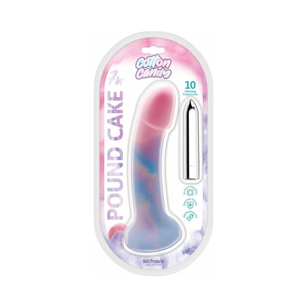 7" Cotton Candy Poundcake Silicone pink, blue and purple Dildo with Rechargeable Bullet in package