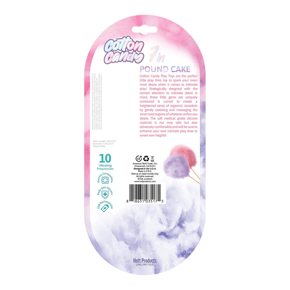 7.5" Cotton Candy Pound Cake Rechargeable Silicone Dildo pink and blue outer packaging