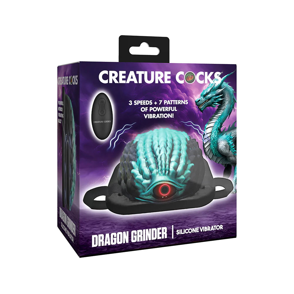 Dragon Vibrating Rechargeable Silicone Grinder Black/Teal by creature cocks in packaging
