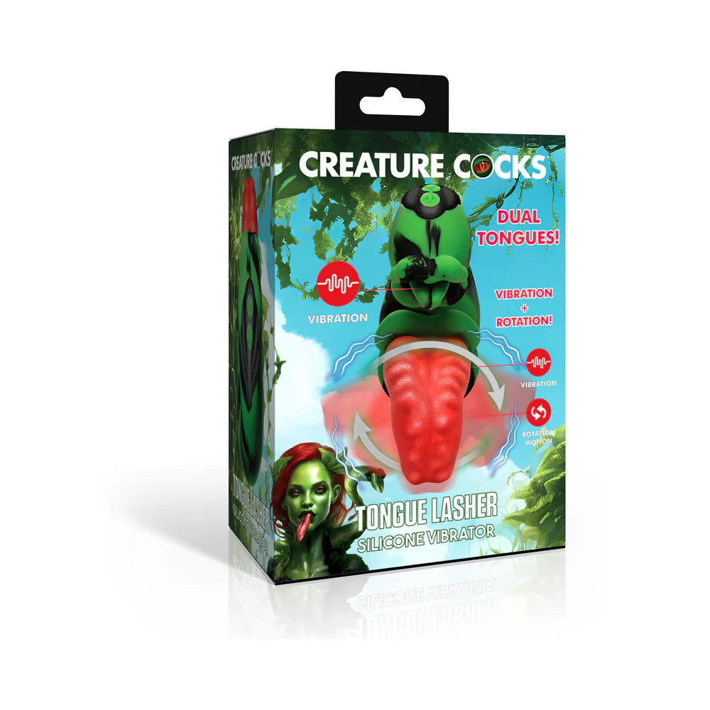 Creature cocks green, black and red dual tongue and mouth dual stimulation fantasy vibrator in box with description