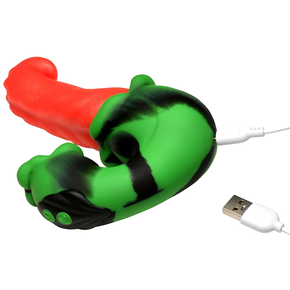 Creature cocks green, black and red dual tongue and mouth dual stimulation fantasy vibrator with usb cord