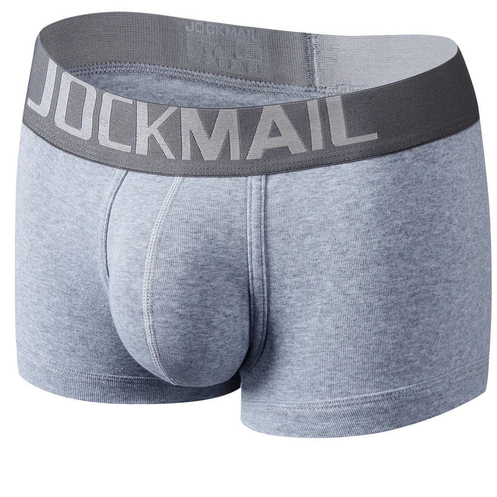 jockmail boxer brief packer underwear in gray from the front with interior of waistband in the back showing