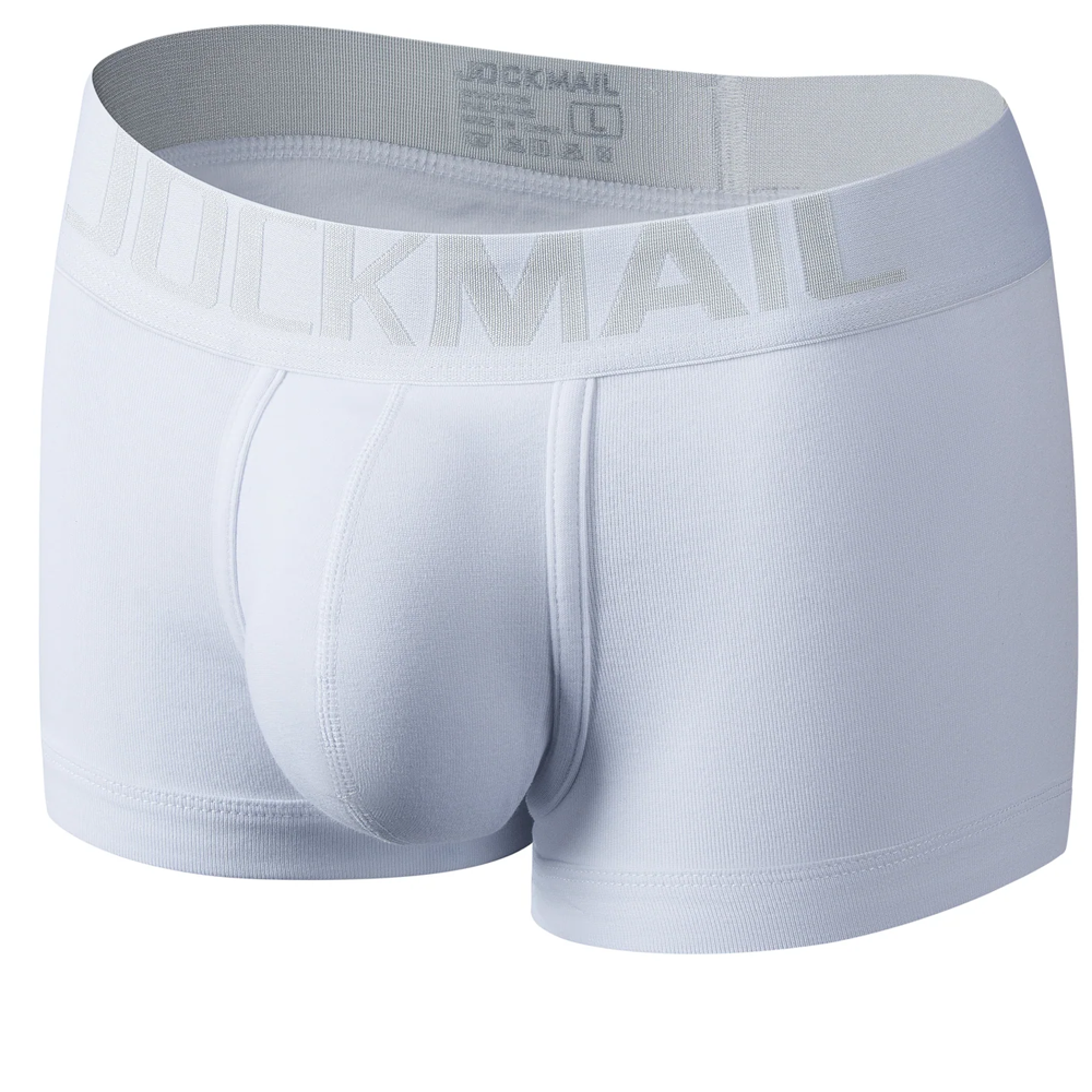 jockmail boxer brief packer underwear in whote from the front with interior of waistband in the back showing
