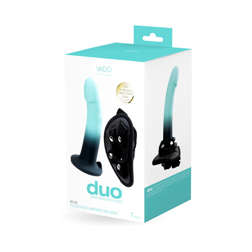 VeDO Duo Silicone Dildo (Non-Vibrating) with Harness Turquoise/Black outer packaging