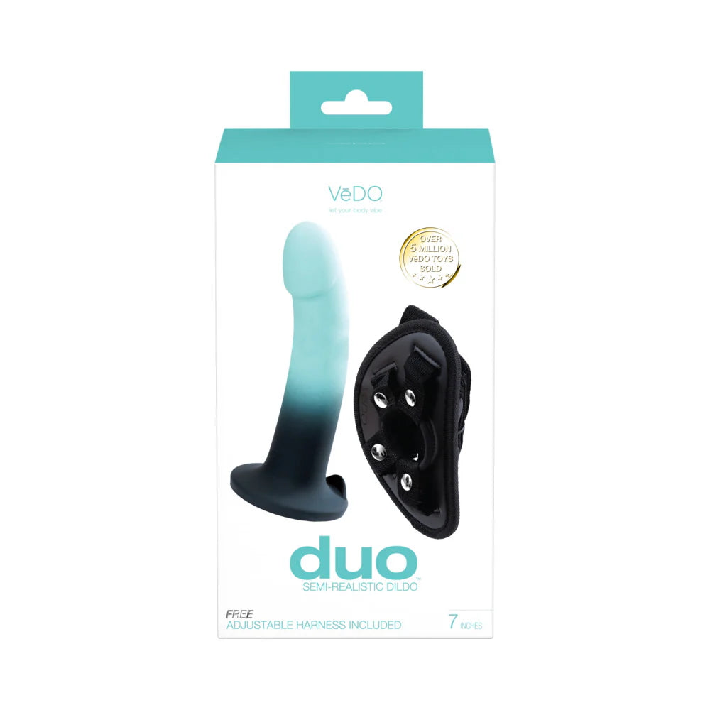 VeDO Duo Silicone Turquoise/Black Dildo Non-Vibrating with Black Harness outer packaging