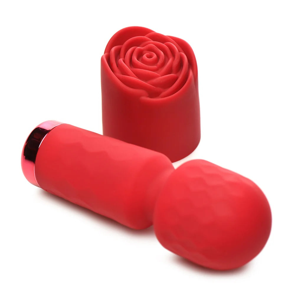 Red Pleasure Rose Mini Wand , with silicone rose cover removed and placed next to mini wand