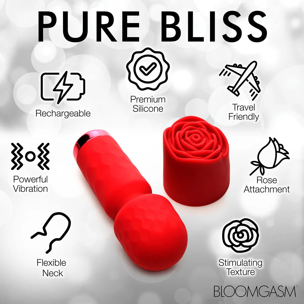 Red Pleasure Rose Mini Wand , with silicone rose cover removed and placed next to wand with graphic texts of features