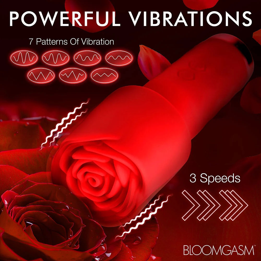 Red Pleasure Rose Mini Wand , with silicone rose cover on wand with graphic depiction of vibration patterns