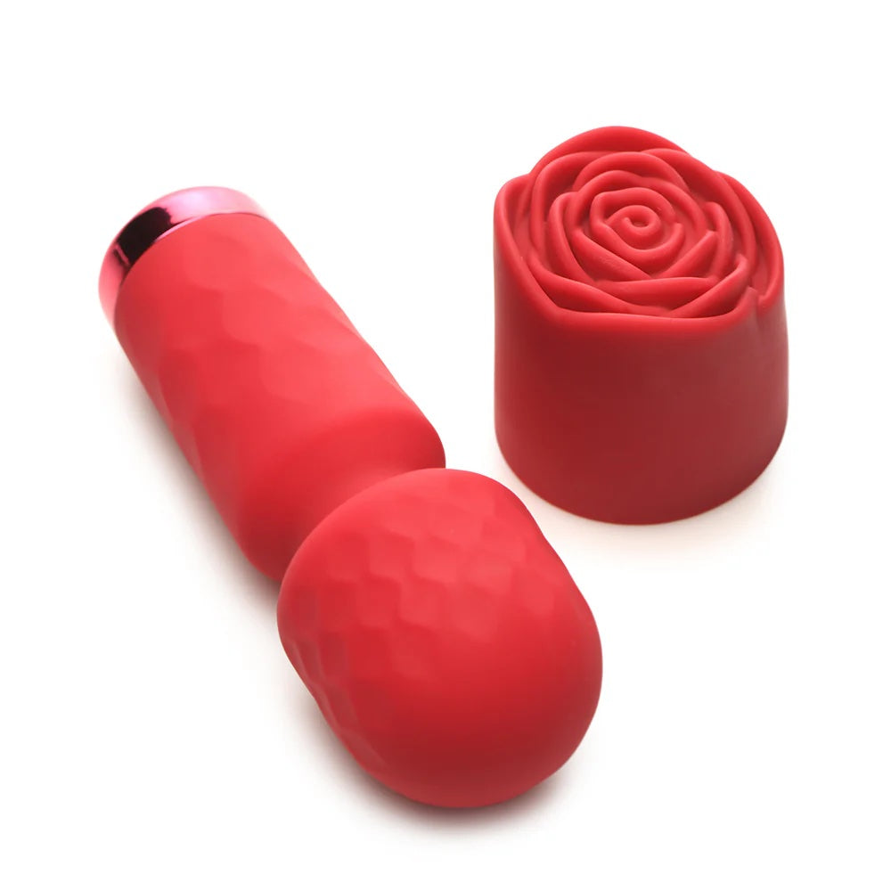 Red Pleasure Rose Mini Wand , with silicone rose cover removed and placed next to mini wand, zoomed in to show texture of wand head