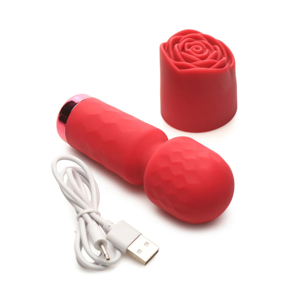 Red Pleasure Rose Mini Wand , with silicone rose cover removed, and usb charing cord placed next to mini wand