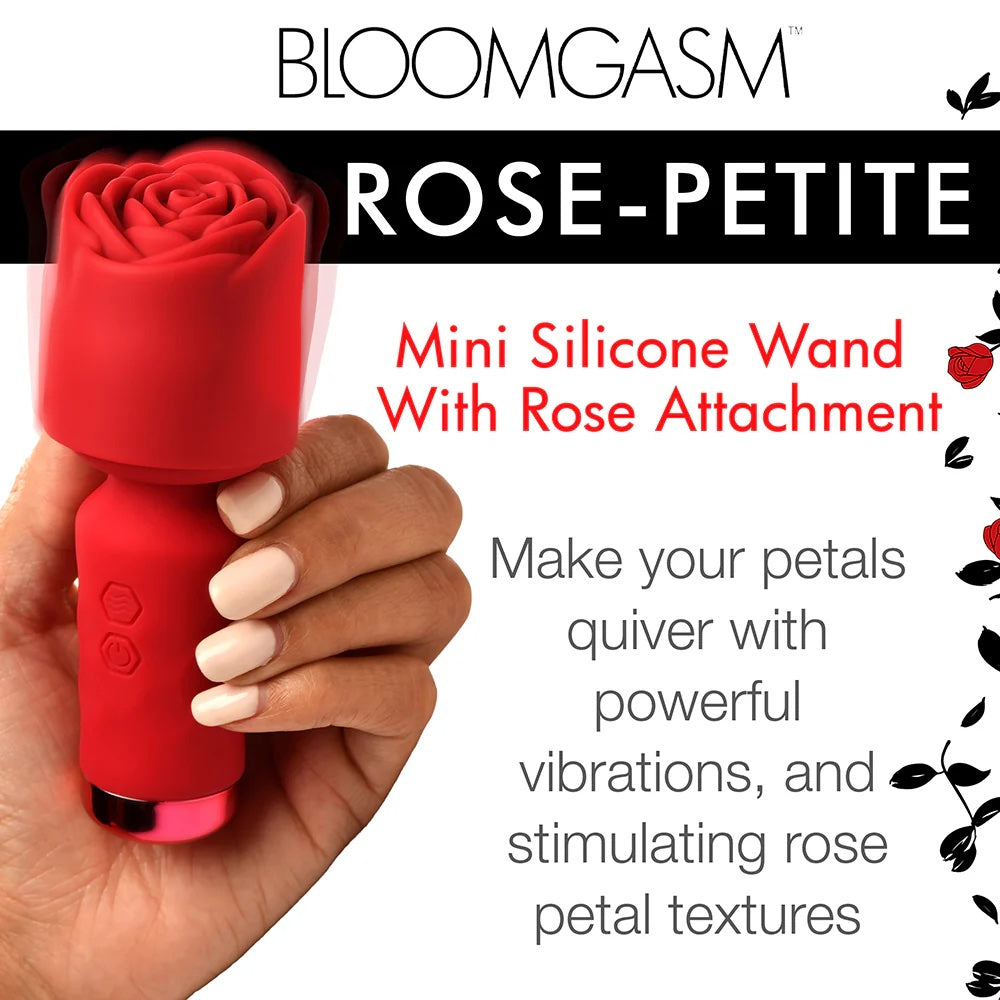 Red Pleasure Rose Mini Wand , with silicone rose cover on, and held in a hand with graphic text of the features