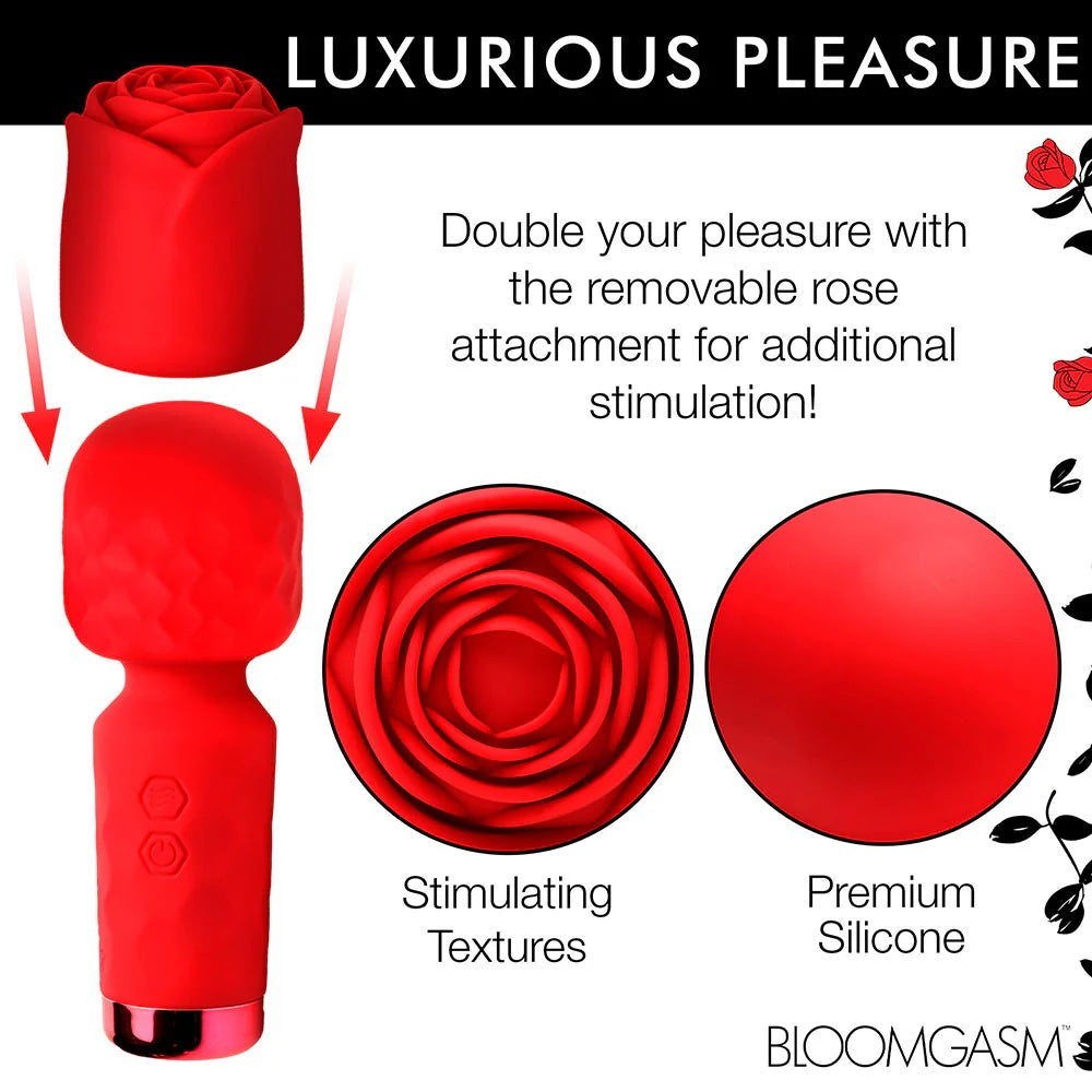 Red Pleasure Rose Mini Wand , with silicone rose cover and arrows indicating how to place the cover over the wands head
