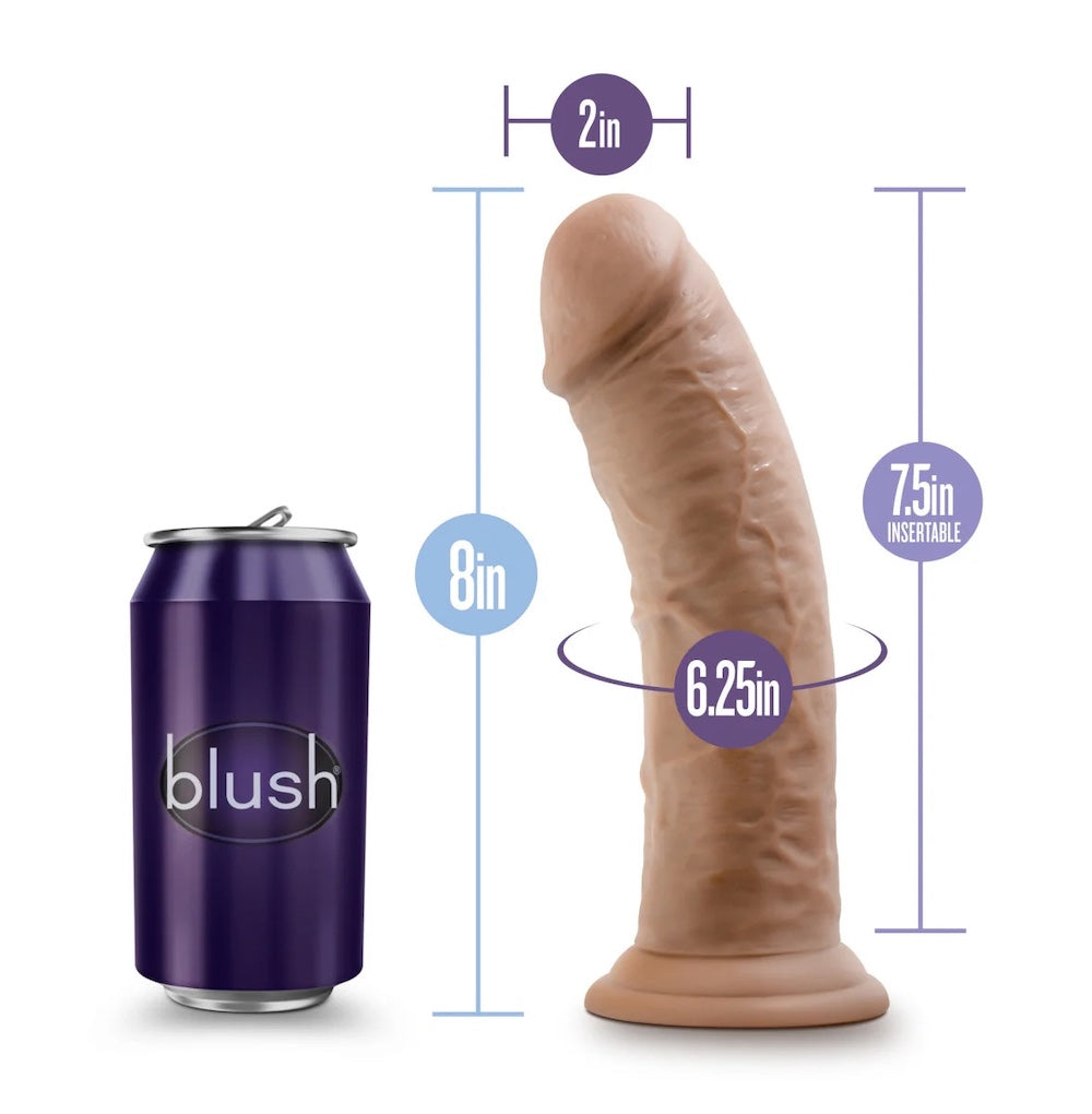 Caramel Au Naturel Sensafeel 7.5 dildo with suction base from the side next to a standard soft drink can with the dimensions