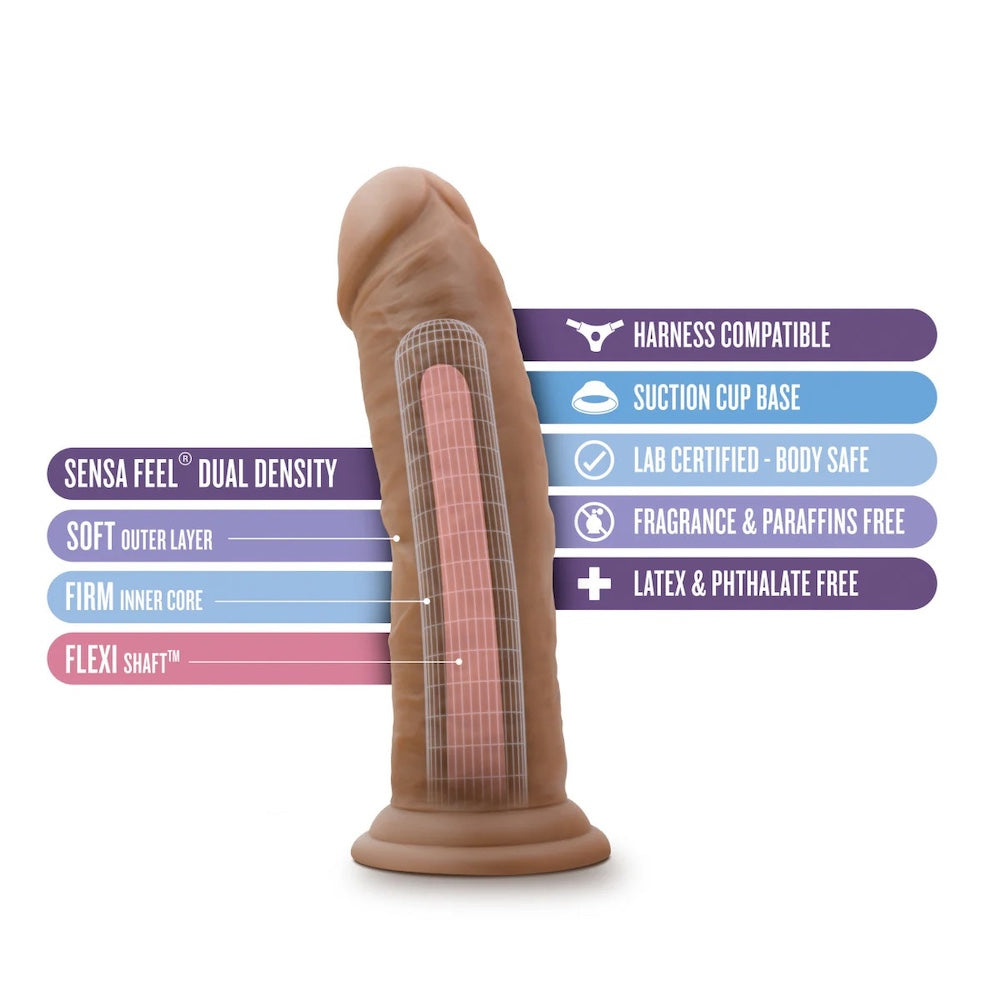 Caramel Au Naturel Sensafeel 7.5 dildo with suction base from the back with graphic text of features
