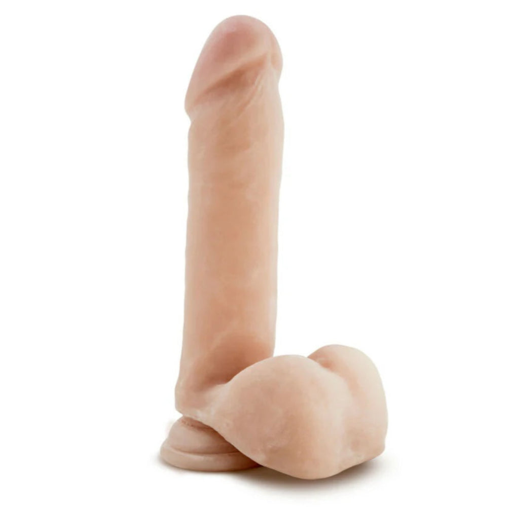 Au Naturel Vanilla Sensafeel TPE dildo with balls and suction cup base 3/4 front view