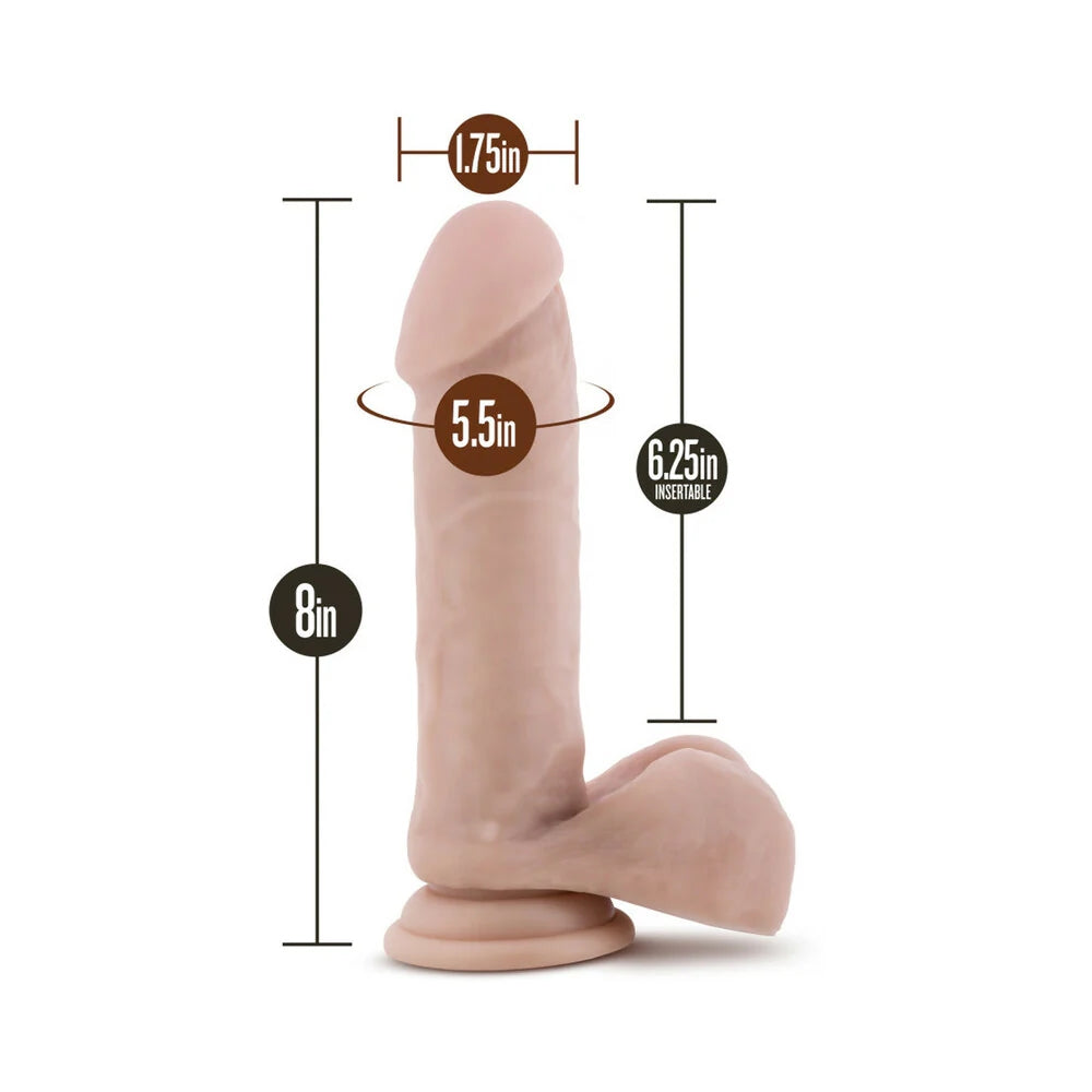 Au Naturel Vanilla Sensafeel TPE dildo with balls and suction cup base side, with dimensions listed