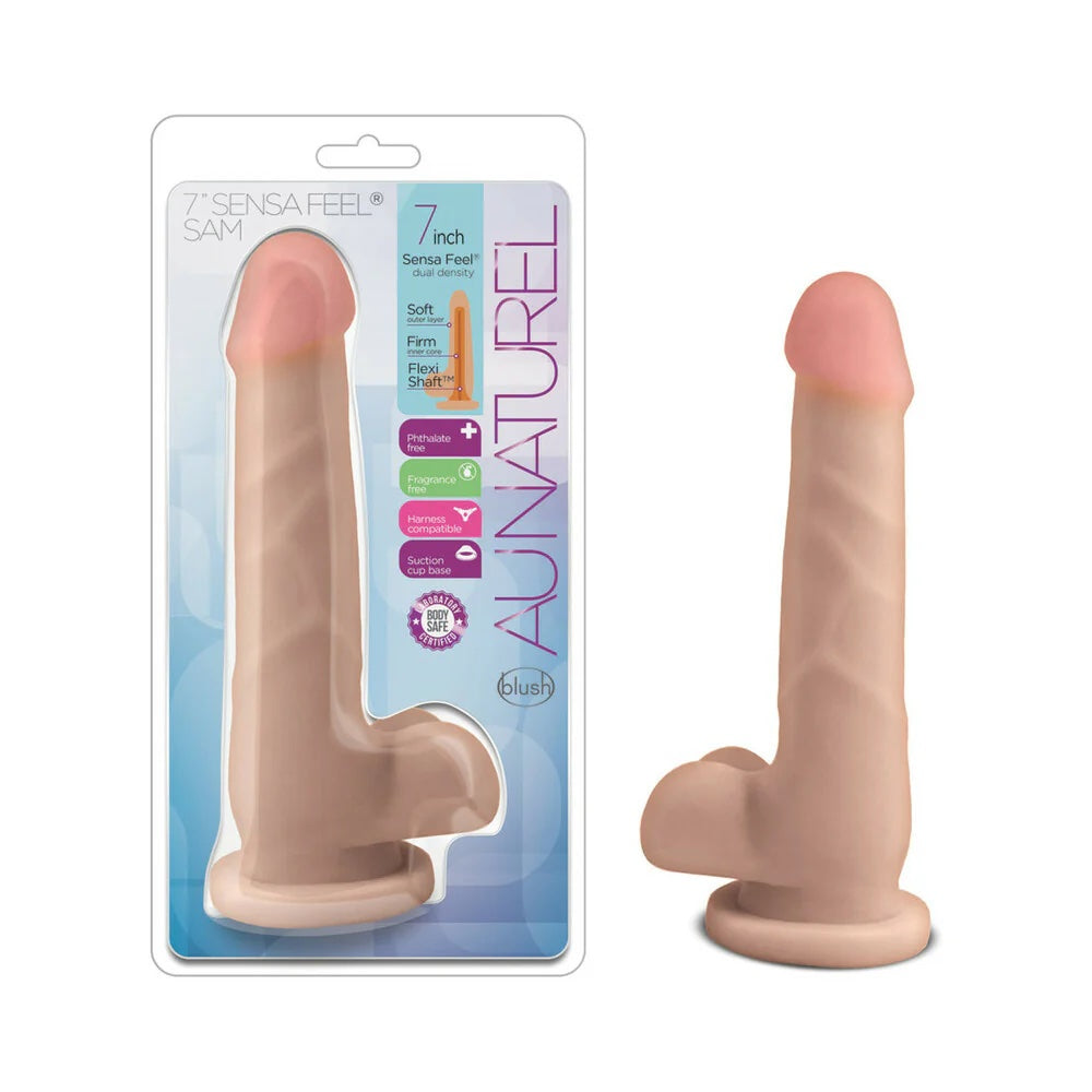 Au Naturel Sam flexible shaft TPE realiitic dildo with balls in vanilla in packaging, with dildo next to packaging