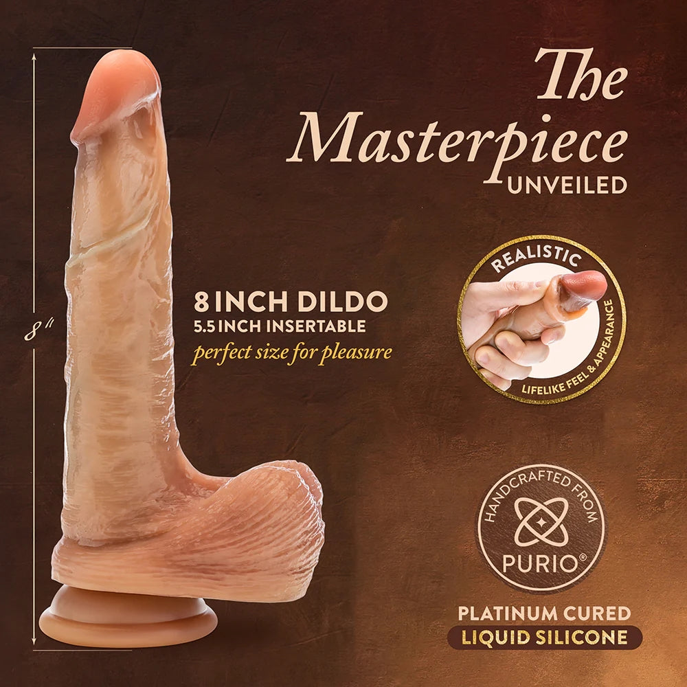 Blush Renaissance Davinci sliding foreskin silicone tan dildo with size and feature graphic text