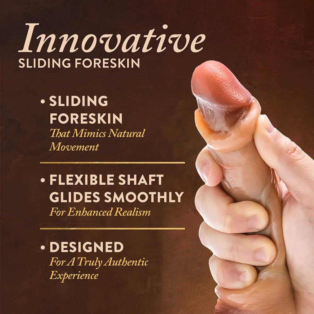 Blush Renaissance Davinci sliding foreskin silicone tan dildo in a hand with graphic text listing dildo features