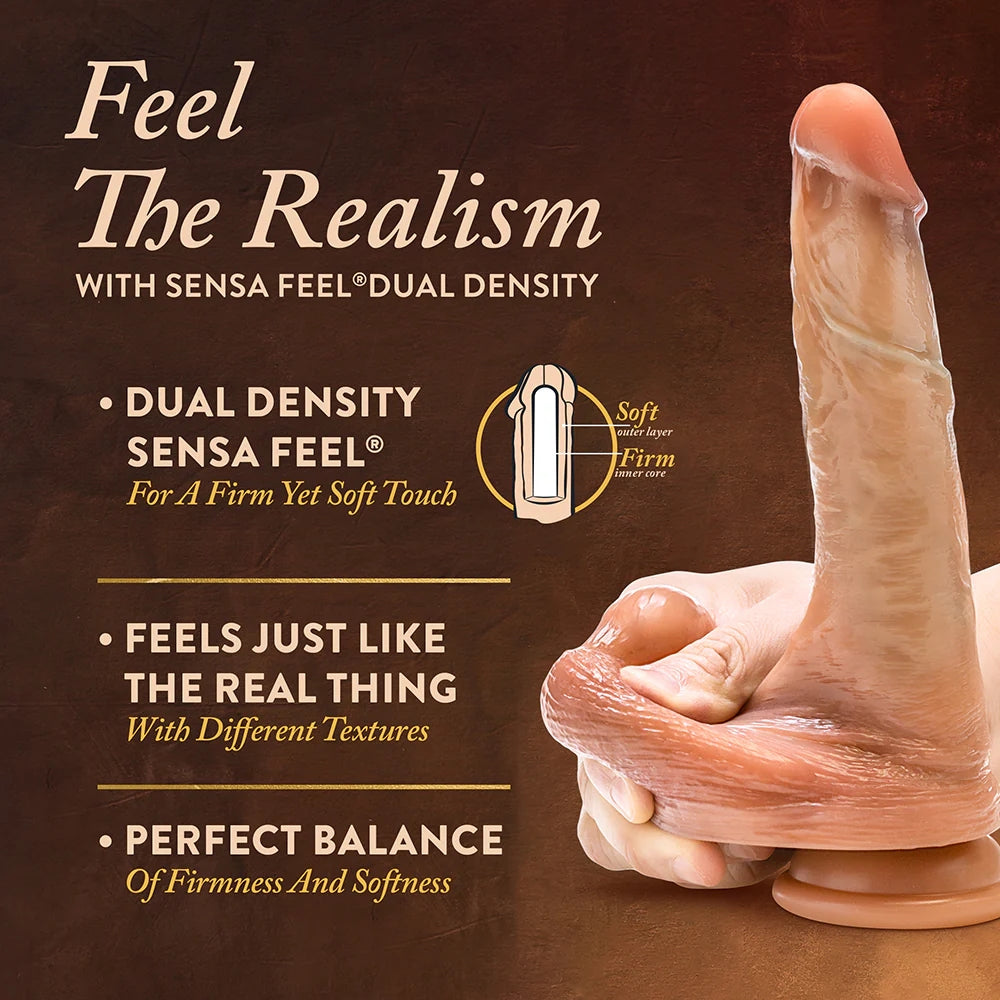 Blush Renaissance Davinci sliding foreskin silicone tan dildo with hand squeezing balls, and graphic text of dildo features