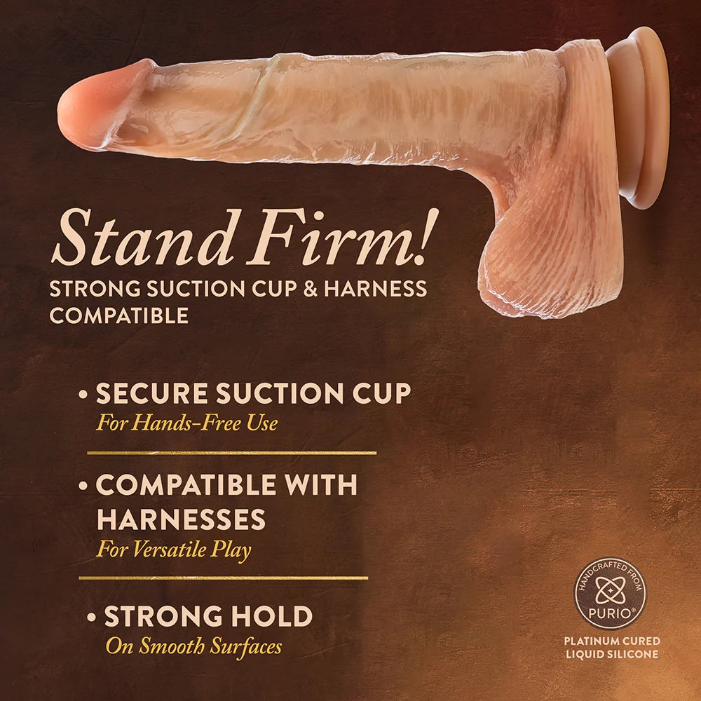Blush Renaissance Davinci sliding foreskin silicone tan dildo suctioned to a flat surface, horizontal to the ground, with graphic text of features