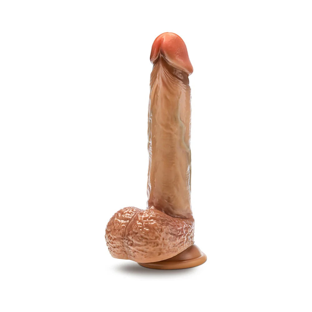 Blush Renaissance sliding foreskin tan silicone dildo with balls and suction cup 3/4 front view