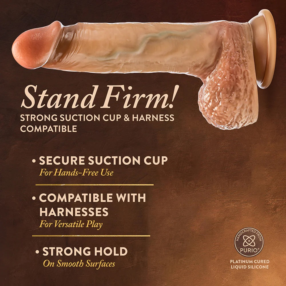 Blush Renaissance Raphael sliding foreskin tan silicone dildo suctioned ot a flat surface horizontal to the ground and graphic text of features
