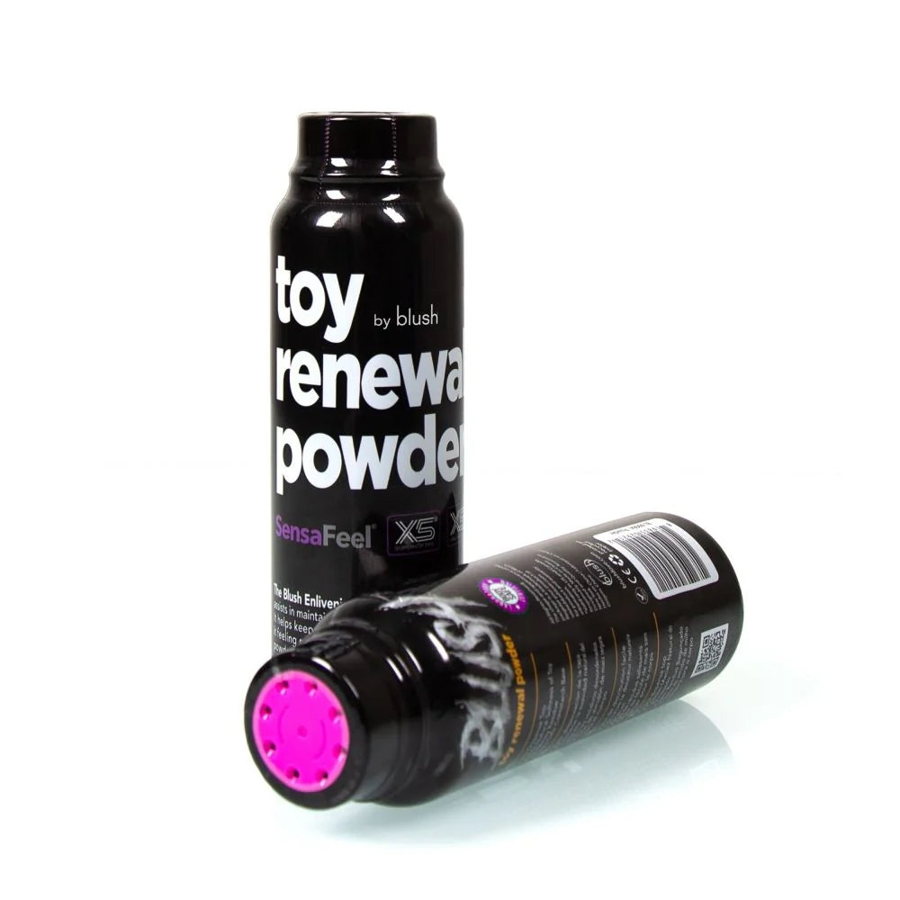 2 Black Blush Sensafeel Toy renewal powder bottles, one bottle standing, one bottle laying on the side