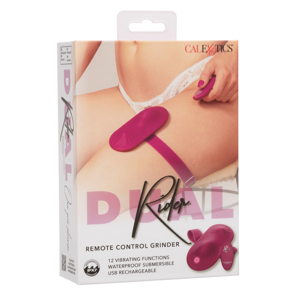 Cal exotics dual rider silicone vibrating grinding pad packaging from the front