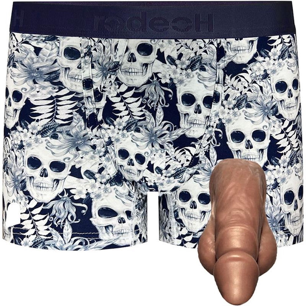 Pete silicone soft packer with classic Top Loading Midnight Skulls boxer, with dark caramel pete