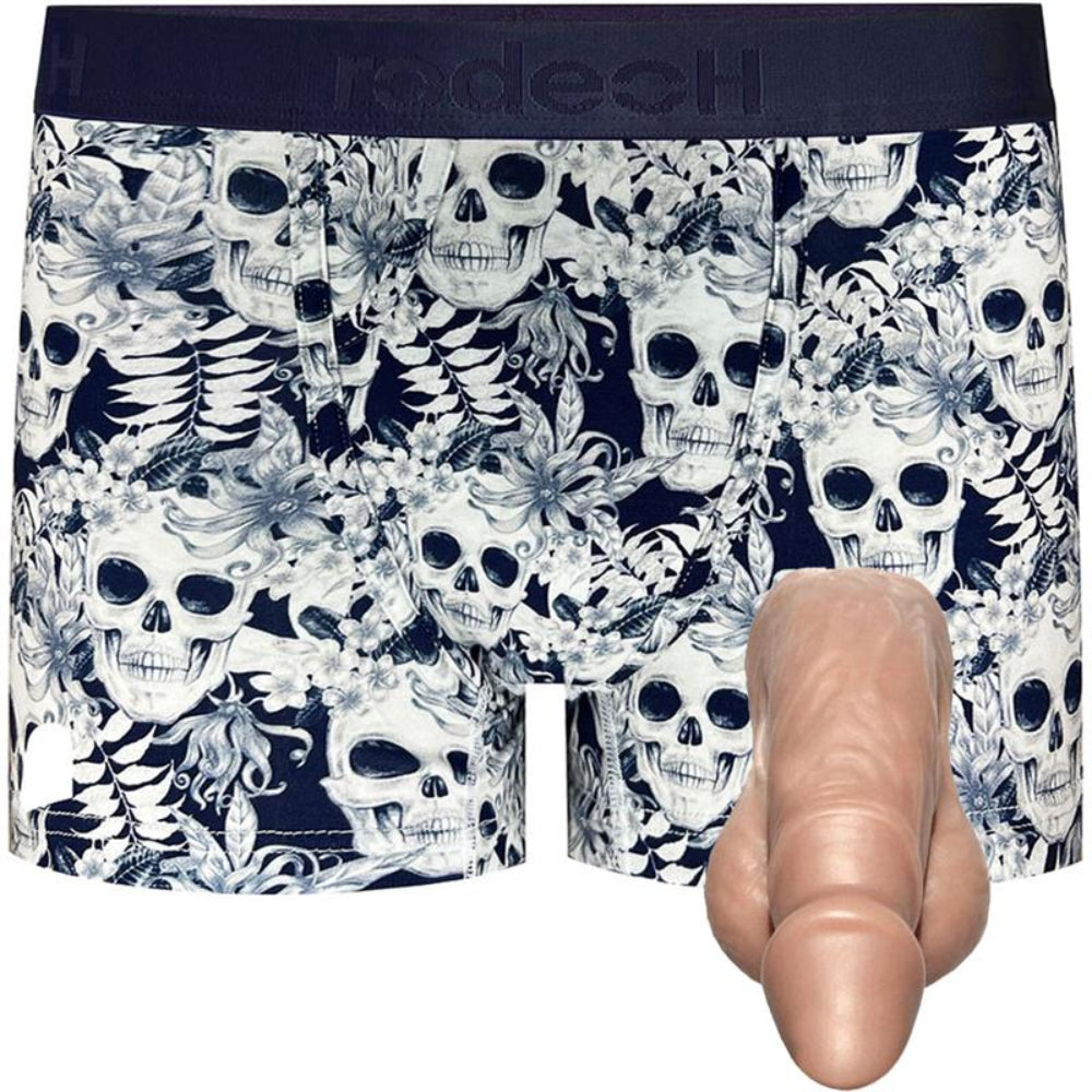 Pete silicone soft packer with classic Top Loading Midnight Skulls boxer, with caramel pete
