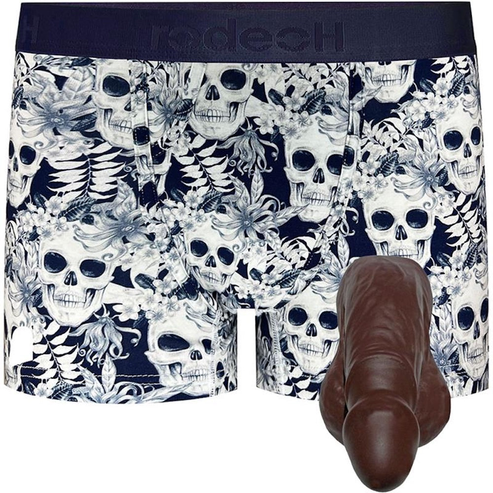 Pete silicone soft packer with classic Top Loading Midnight Skulls boxer, with chocolate pete