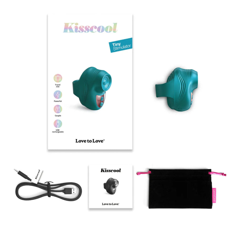 kisscool tapping finger silicone vibrator in teal, from the side, the included charging cord and included storage bag