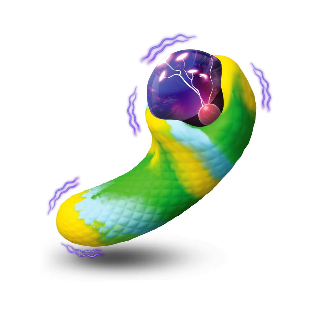 Electric Eye Green and Yellow plasma Creature Cocks Silicone Vibrator form front and side