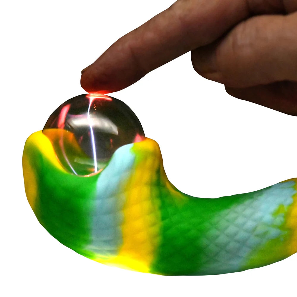 Electric Eye Green and Yellow plasma Creature Cocks Silicone Vibrator with finger touching plasma eye to show light up feature