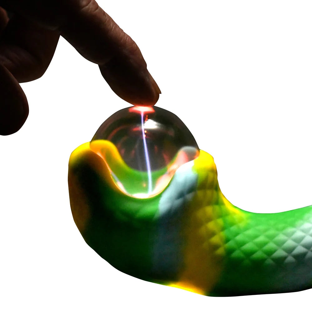 Electric Eye Green and Yellow plasma Creature Cocks Silicone Vibrator with finger touching plasma eye to show light up feature