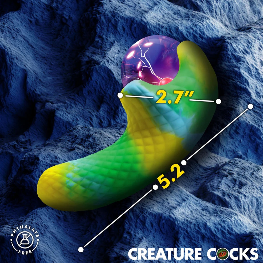Electric Eye Green and Yellow plasma Creature Cocks Silicone Vibrator with dimensions shown