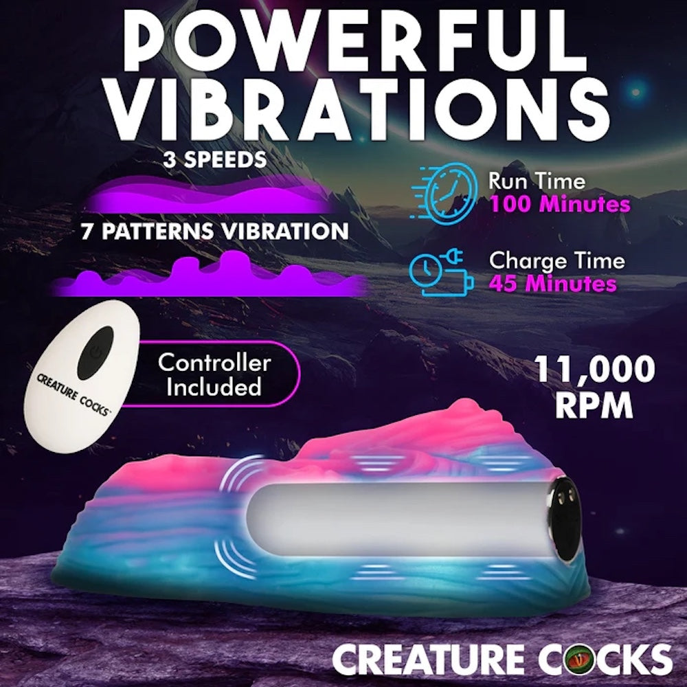 Creature Cocks Vulvaron pink and blue silicone vulva- like fantasy vibrating rechargeable remote controlled silicone grinder function, run and recharge time and rpm