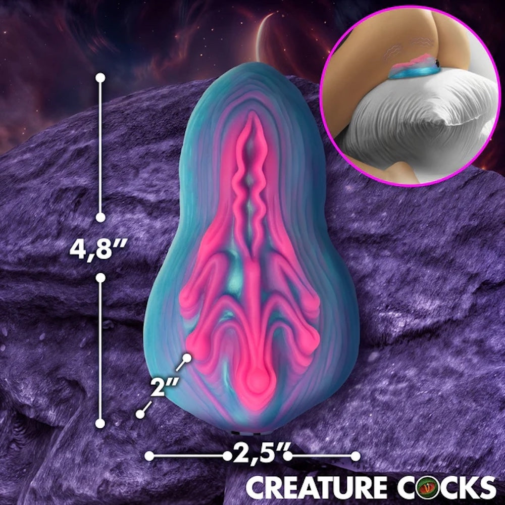 Creature Cocks Vulvaron pink and blue silicone vulva- like fantasy vibrating rechargeable remote controlled silicone grinder dimensions and shown on sillow