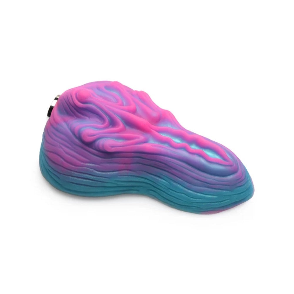 Creature Cocks Vulvaron pink and blue silicone vulva- like fantasy vibrating rechargeable remote controlled silicone grinder side view