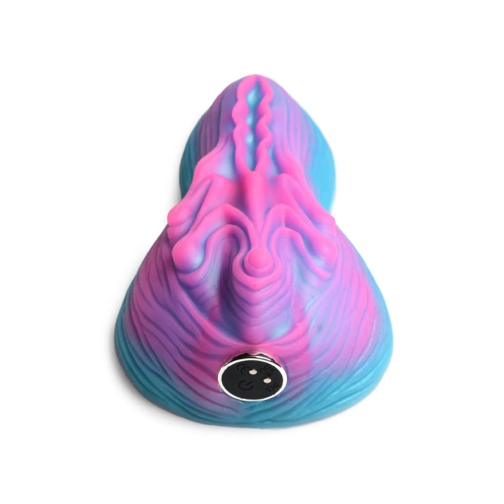 Creature Cocks Vulvaron pink and blue silicone vulva- like fantasy vibrating rechargeable remote controlled silicone grinder top view