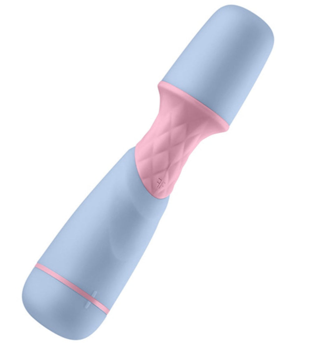 FemmeFun FFIX Mini Battery operated wand vibrator in blue from front angled