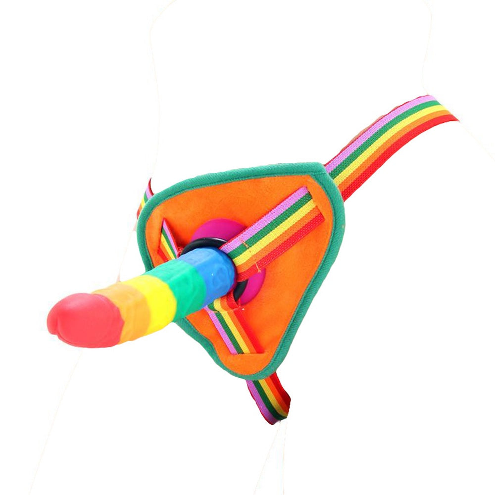 Power Drive Rainbow 7" Silicone Dildo with Multicolor Strap On Harness