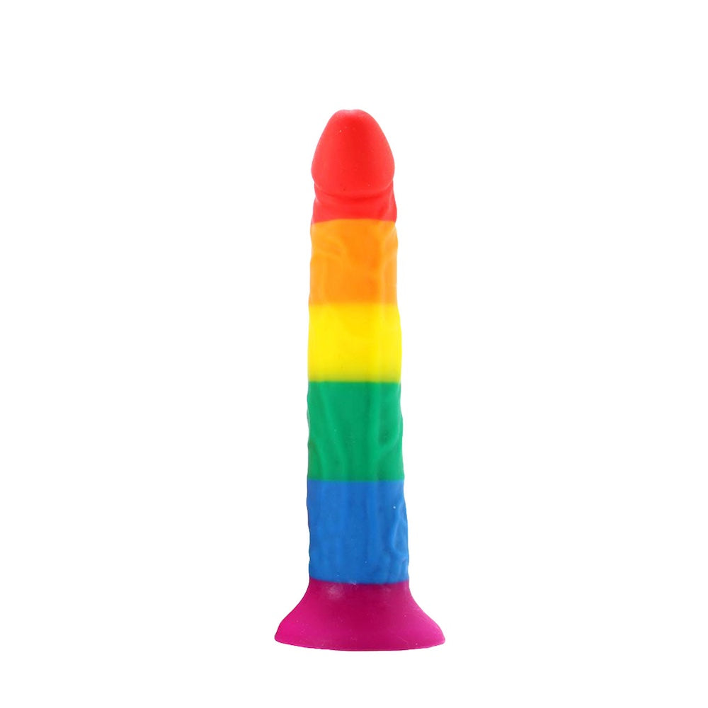 Power Drive Rainbow 7" Silicone Dildo with Multicolor Strap On Harness
