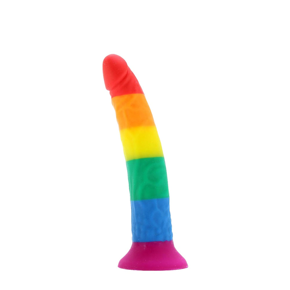 Power Drive Rainbow 7" Silicone Dildo with Multicolor Strap On Harness