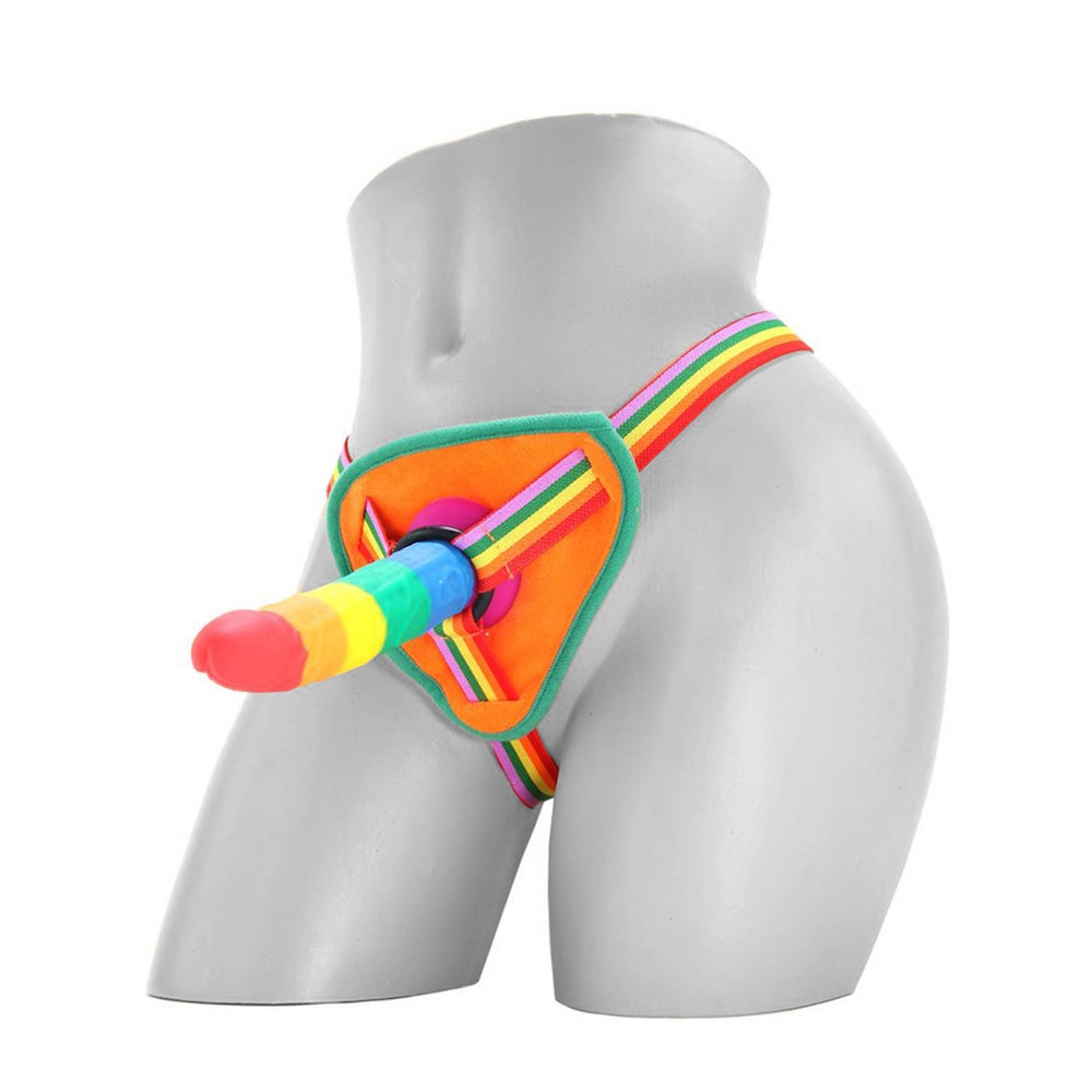 Power Drive Rainbow 7" Silicone Dildo with Multicolor Strap On Harness
