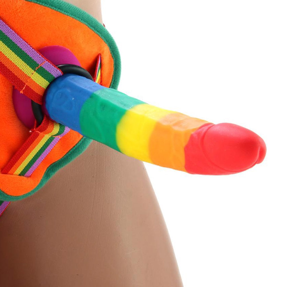 Power Drive Rainbow 7" Silicone Dildo with Multicolor Strap On Harness