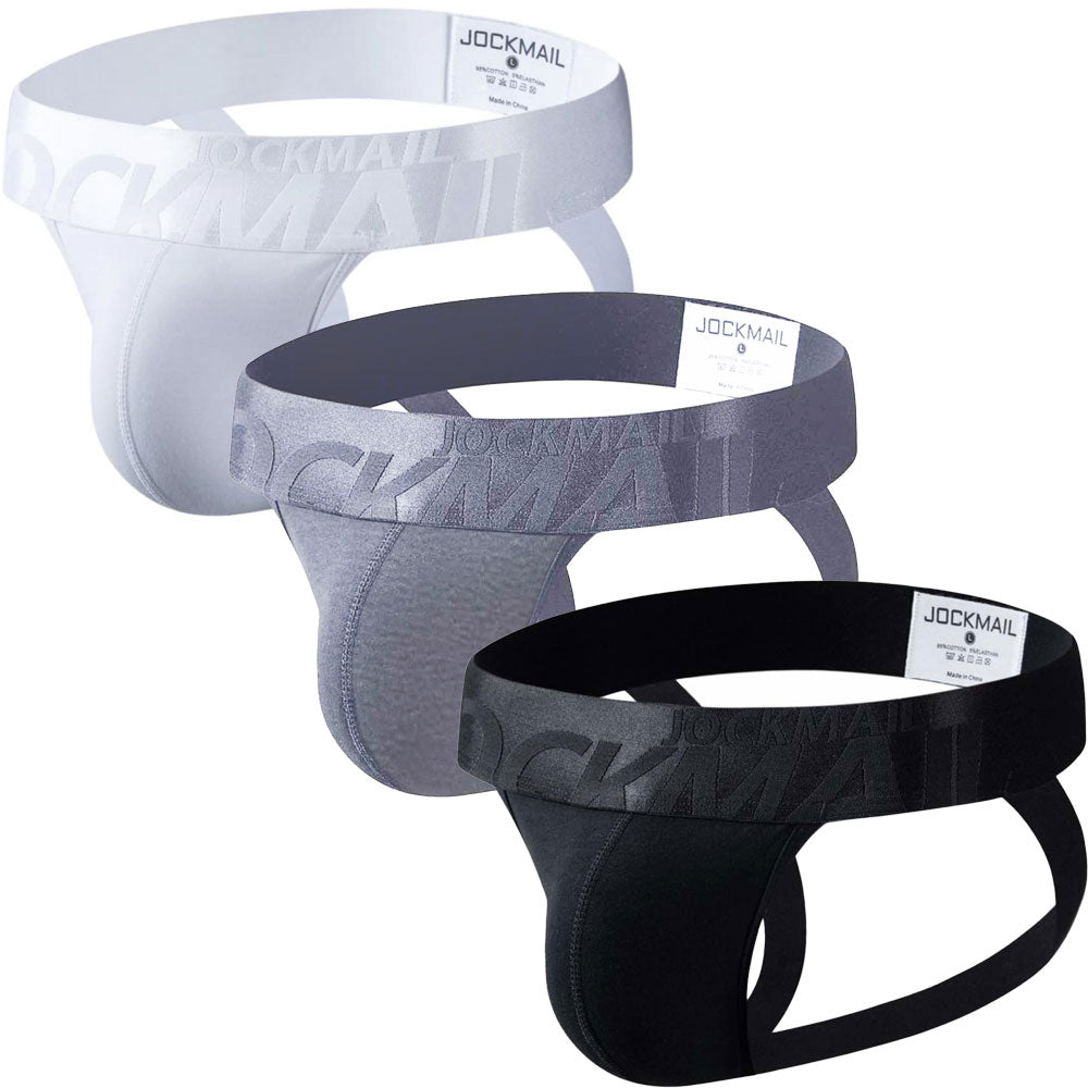 Jockmail 3 Pack of Jock packer underwear, with all 3 colors shown from the front