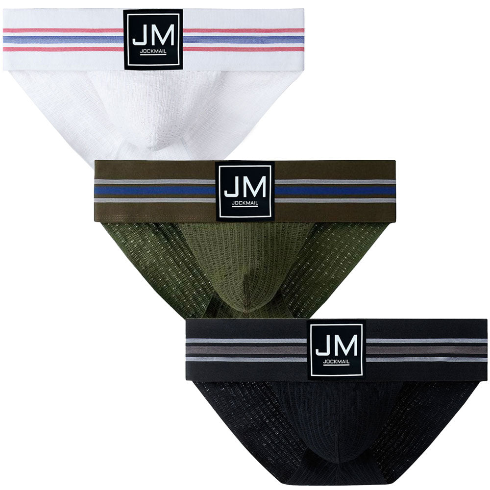 JockMail Old School Brief 3 pack with all colors shown from the front